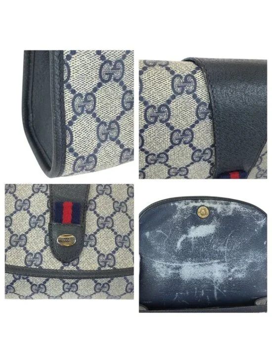 Gucci Vintage Sherry Line Navy GG Supreme Canvas Leather Clutch - Picture 6 of 9